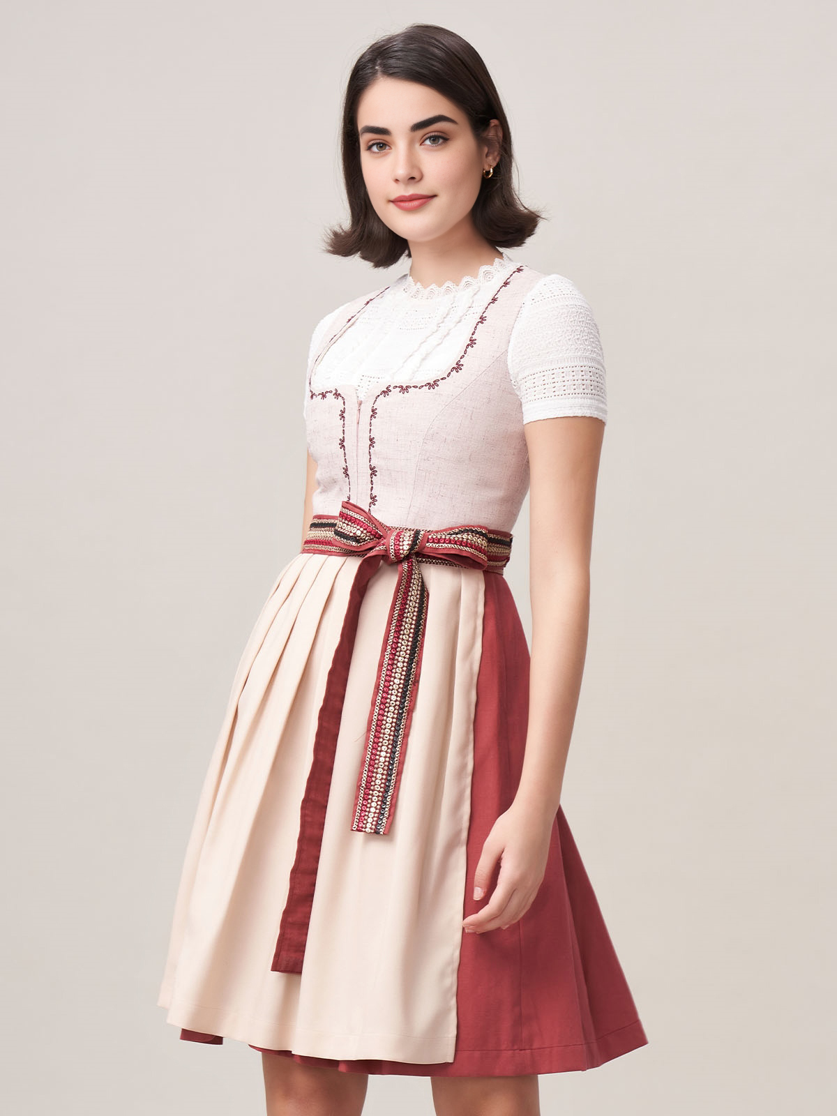 Dirndl Beige Schwarz mit rosa Akzenten